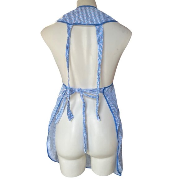 Handmade Blue & White Apron Sleeveless Front Pockets Adjustable Ties Cotton VTG - Picture 4 of 5